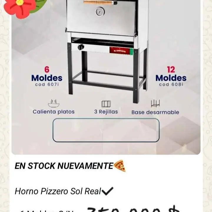 Horno pizzero a gas natural o envasado, de 6 moldes o 12 moldes