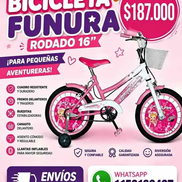 Bicicleta R 16 con canasto y rueditas