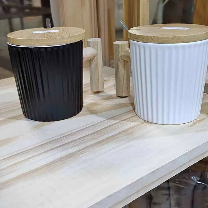 Taza Ceramica con Cuchara y Tapa Bambu