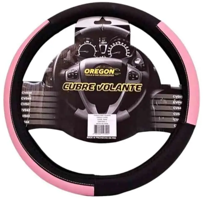 Cubre volante cuero sintético 38 cm diámetro color negro y rosa o negro y verde universal