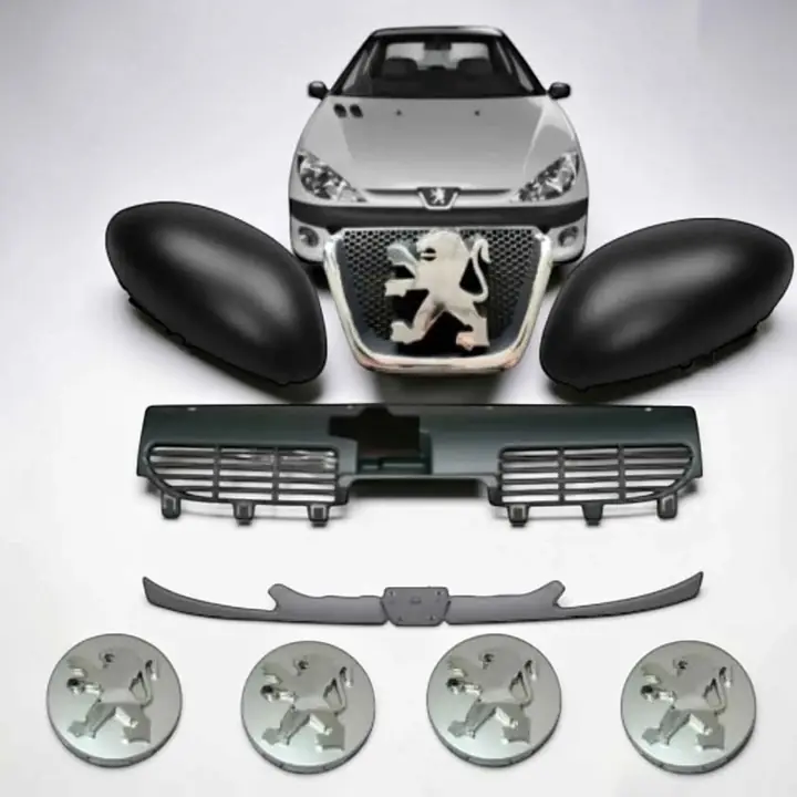 Combo Peugeot 206 parrilla +escudo+ bigote + centro de llantas + cachas de espejo