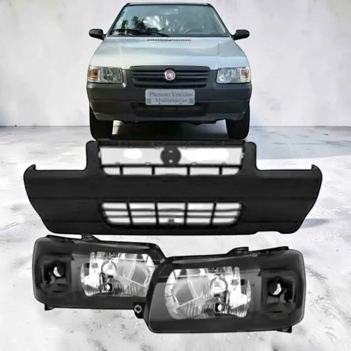 Juego de ópticas delanteras cristal o base negra más paragolpe negro Fiat Uno Fiorino Fire 04 al 13