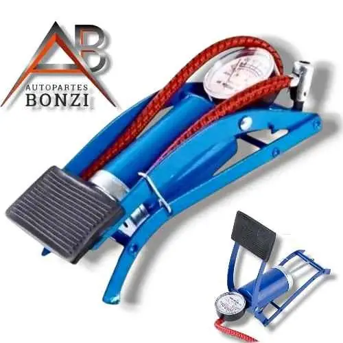Inflador de pie azul con monometro y picos para bicicleta pelotas moto