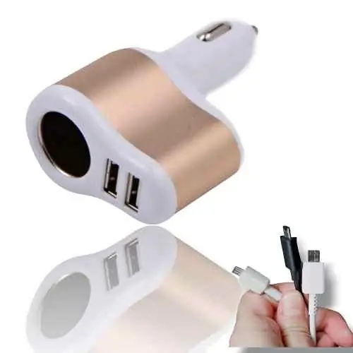 Cargador triple de celular para auto o camioneta universal. Color blanco y dorado