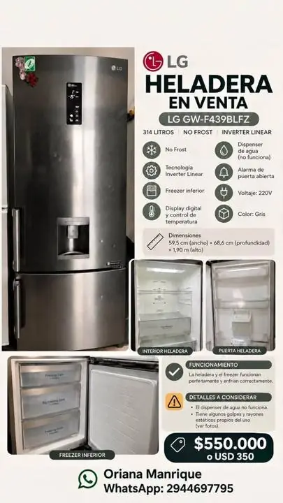 Heladera LG No Frost 314 L con freezer inferior