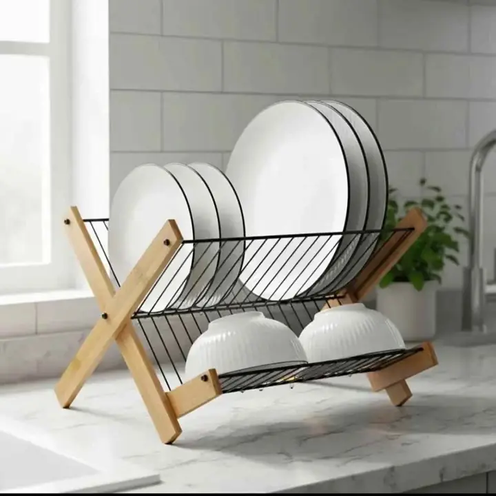 Secaplatos Negro Plegable con bordes de madera