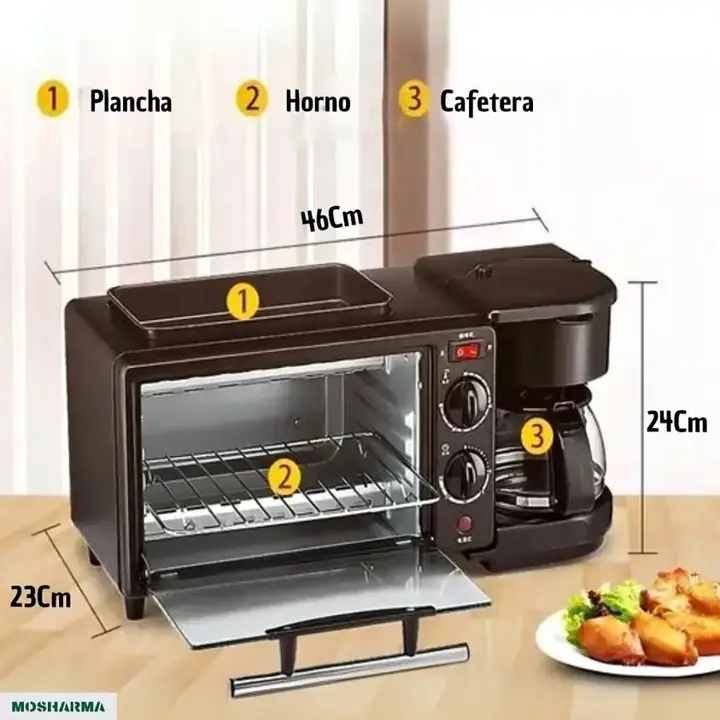 Set desayunador 3 en 1 (horno elect + cafetera + plancha bifera)