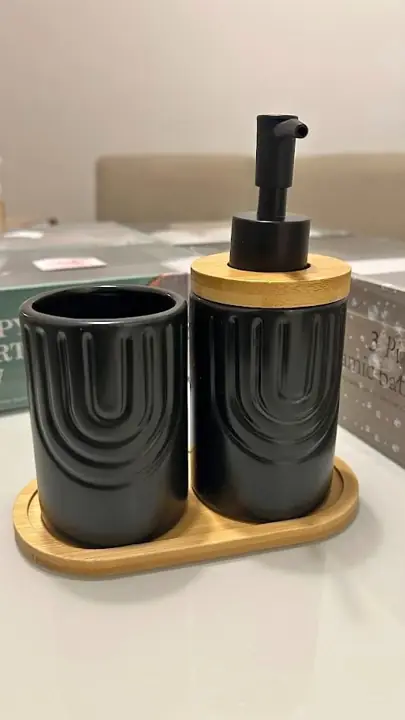 Set de baño 3 piezas negro ceramica y bambu