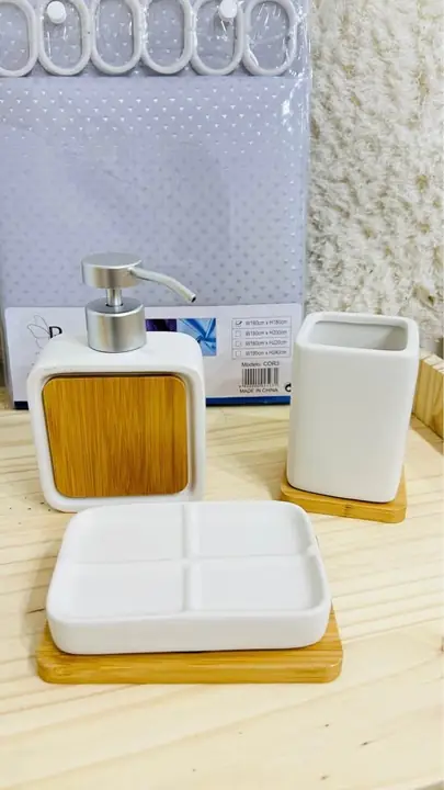 Juego de baño cerámica y bambú blanco x3