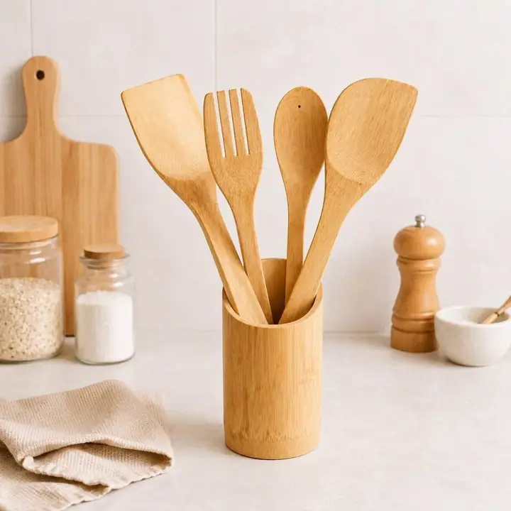 Set de 4 utensilios bambú con base