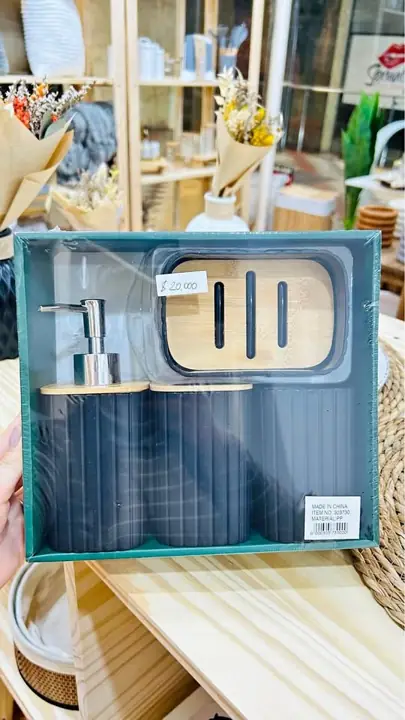Set de baño plástico y bambú negro x4