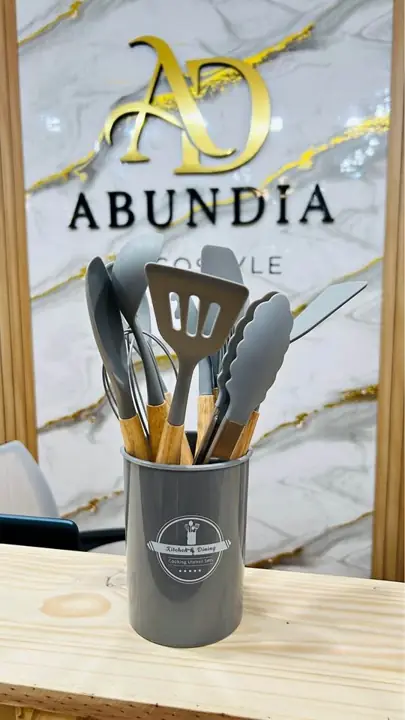 Juego de utensilios silicona y madera x12 gris