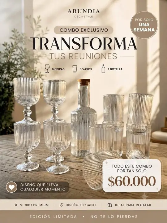 Combo 6 vasos 6 copas 1 botella