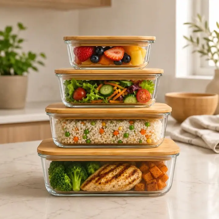 Set Contenedores Vidrio Tapa Bambu X4 Cocina Transparente con Tapa Bambú