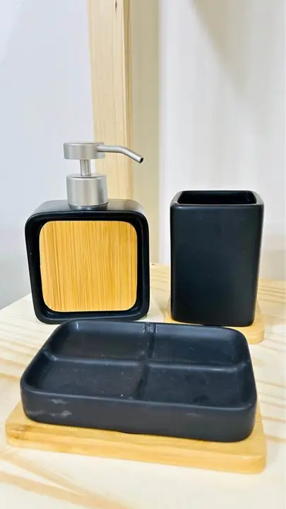 Set de baño de cerámica negro y bambú x3