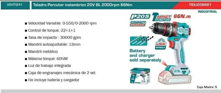 Taladro Percutor Atornillador Inalámbrico Brushless TOTAL 20v Compacto, Potente y Versátil