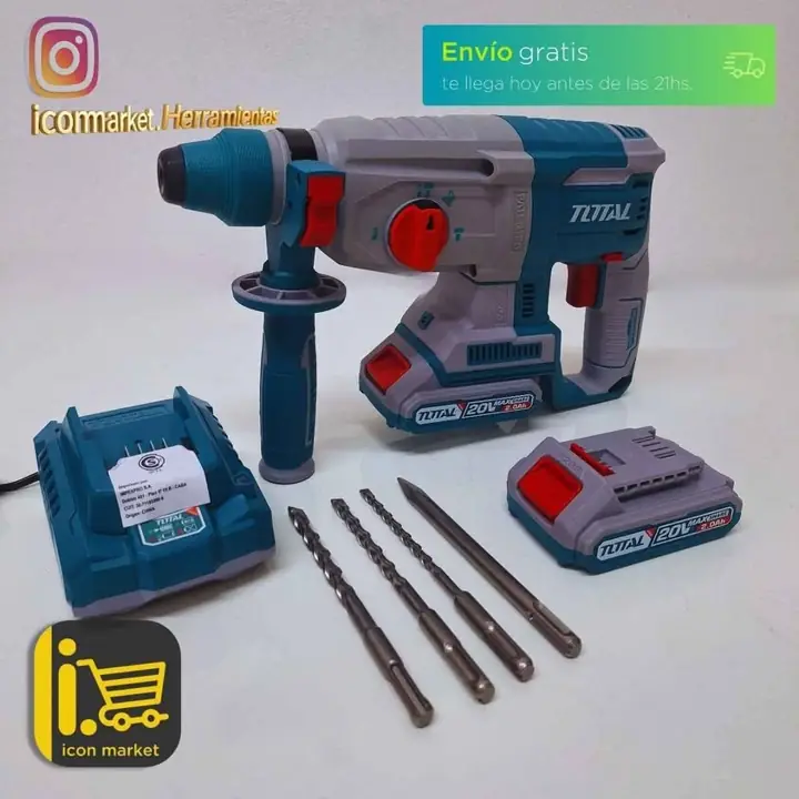 Rotomartillo Taladro Percutor 26mm Total + 2 Baterías 2.0Ah + Cargador + Mechas + Cincel de Punta