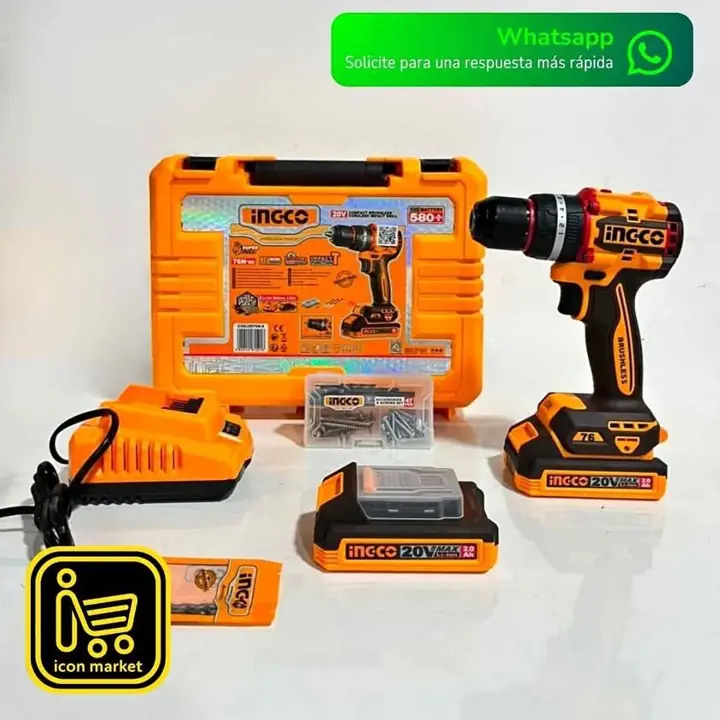 Taladro atornillador percutor Ingco 20V brushless 76Nm + 2 baterías +cargador y maletin