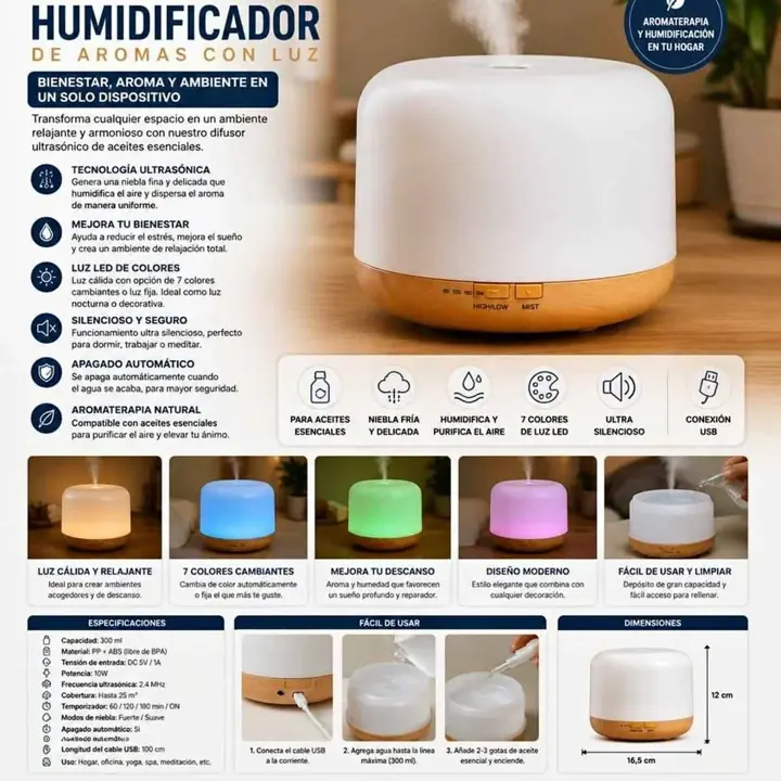 Humificador difusor de aroma con luces LED