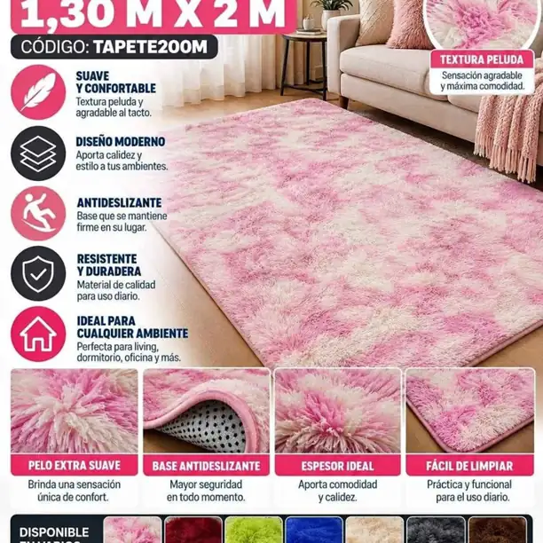 Alfombra peluda de 1,30 x 2M con antideslizante