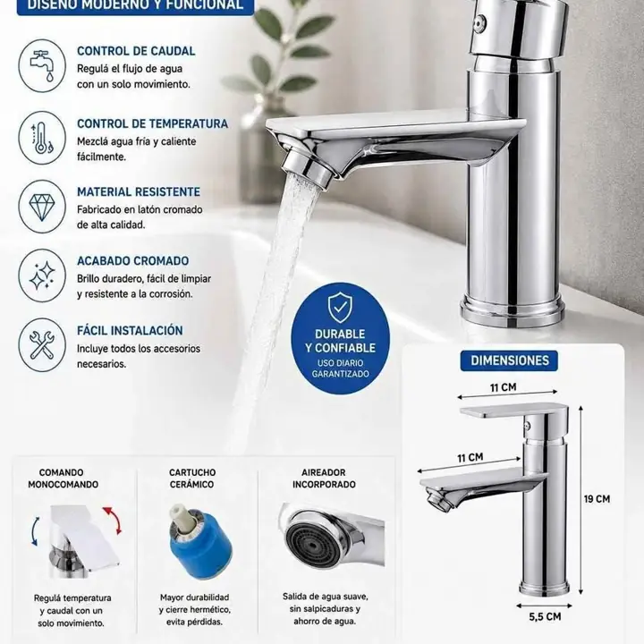 Griferia para baño monocomando cromada