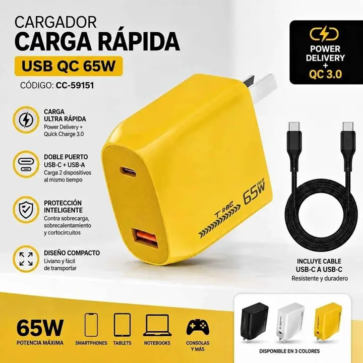 Cargador carga rapida USB qc 65W