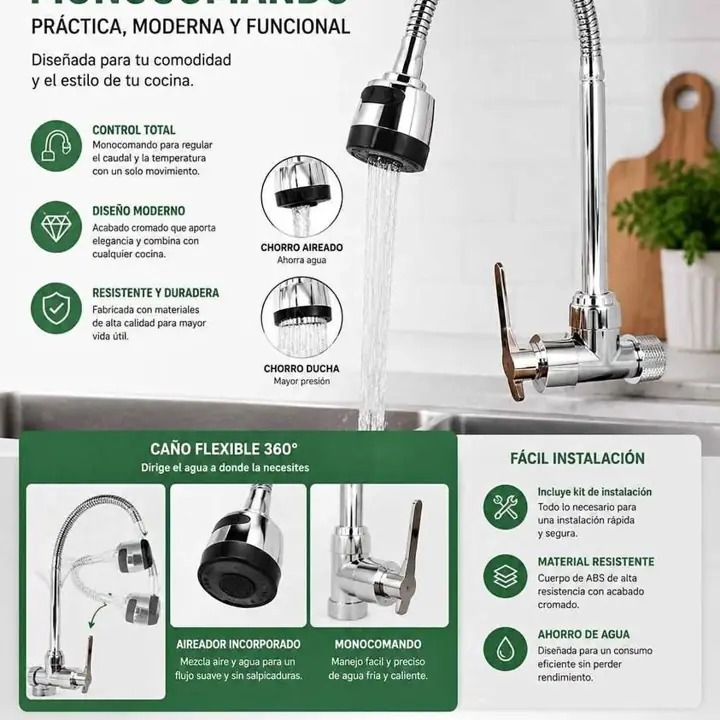 Griferia cocina monocomando flexible plastico