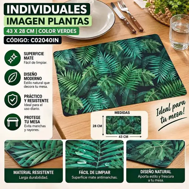 Individuales imagen plantas 43x28 verdes X6