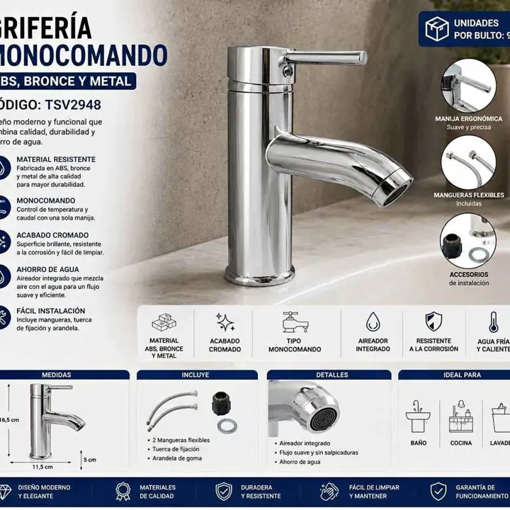 Griferia monocomando metal plateado