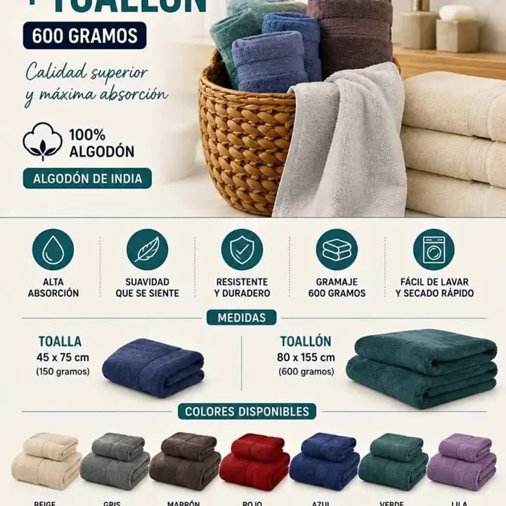 Set de toalla y toallon 600GR algodon india