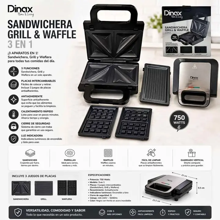 Sandwichera 3 en 1 - grill - waflera - dinax