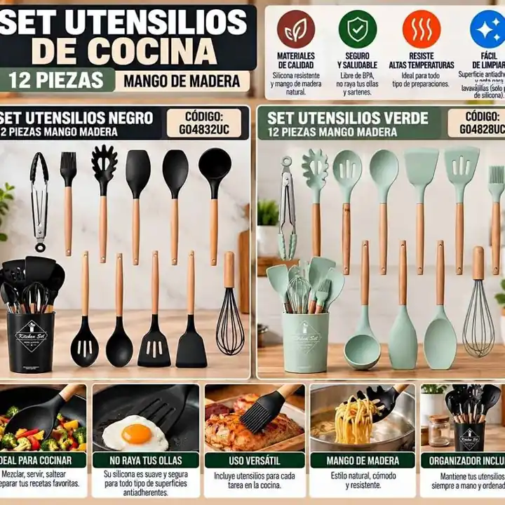 Set utensilios 12 piezas verde- negro