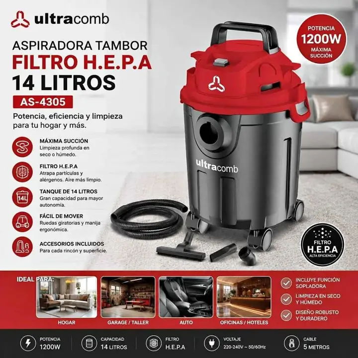 Aspiradora tambor 14 lts 1200W Ultracomb