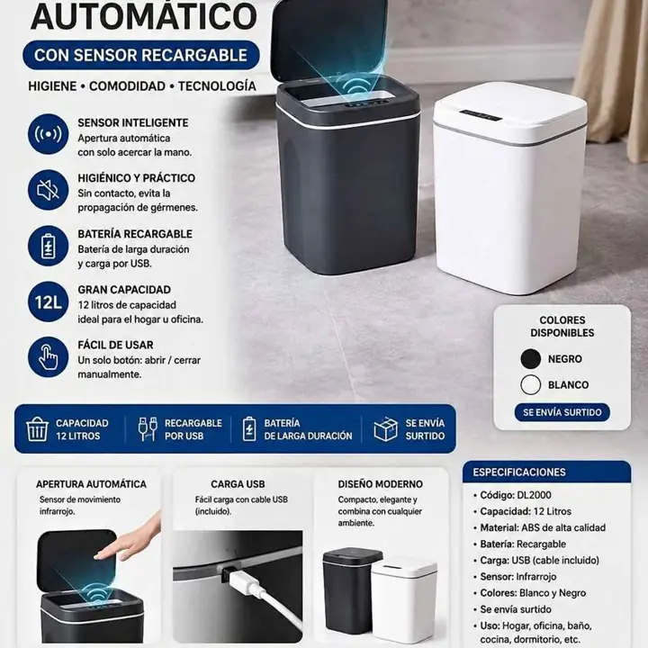 Tacho cesto de basura automatico sensor USB 12LTS