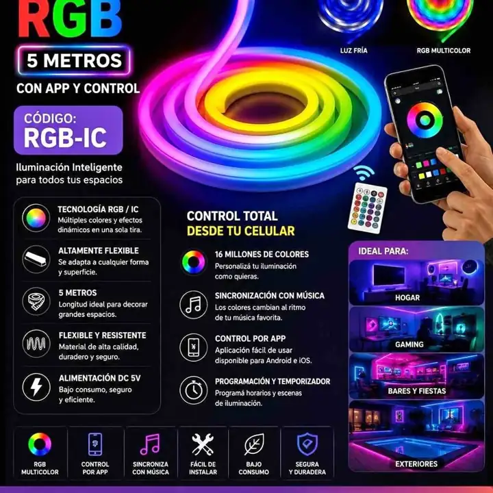 Tira LED neon RGB 5 metros con app y control