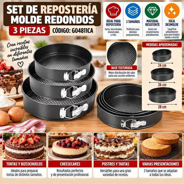 Set de reposteria molde 3 piezas redondos tortera