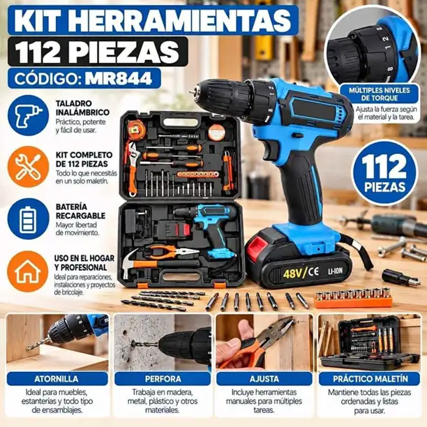 Kit Herramientas 112 Piezas con Taladro Inalambric