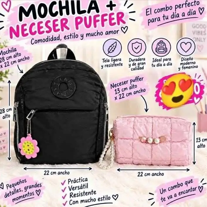 Mochila + neceser puffer dia de la madre
