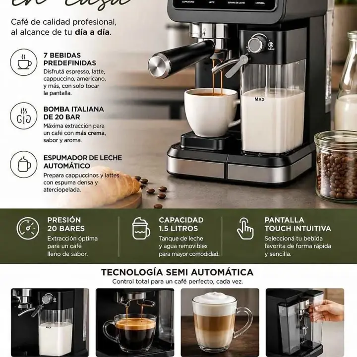 Cafetera espresso semi aut 20 bar con espumador