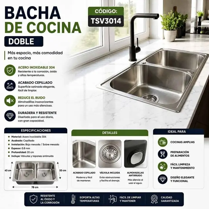 Bacha de cocina doble acero inoxidable