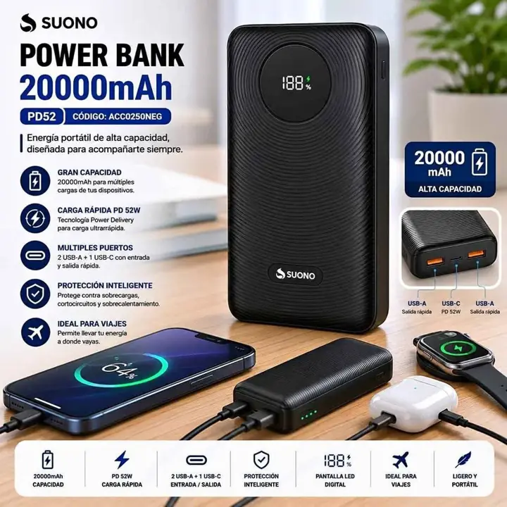 Power Bank 20000Mah Pd52 Negro Cargador