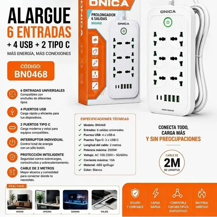 Alargue de 2 M con 6 entradas - 4 USB - 2 USB C