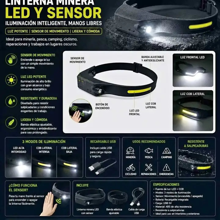 Linterna minera LED recargable con sensor