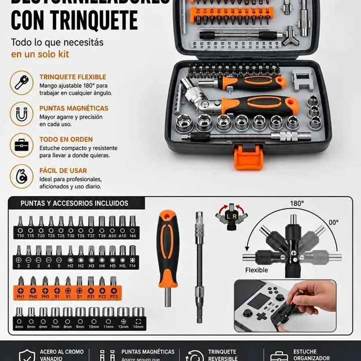 Kit 68 en 1 destornillador con trinquete