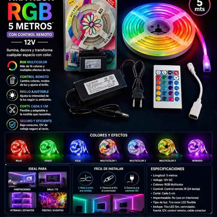 Tira neon RGB 5 mts con control