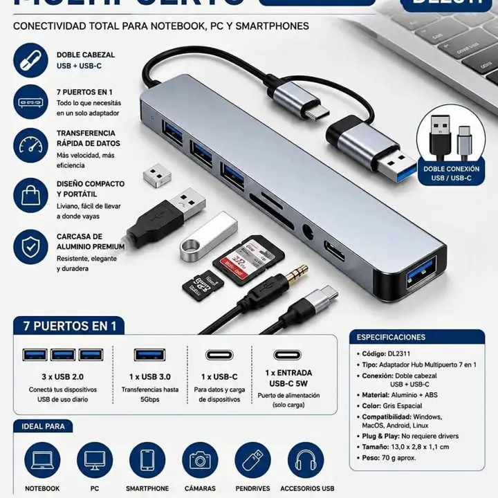 Adaptador hub multipuerto 7 en 1
