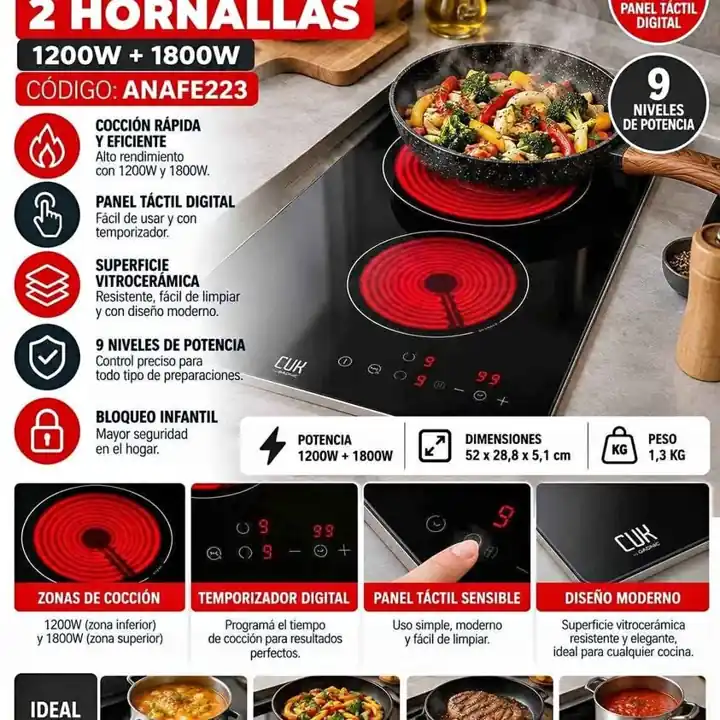 Anafe vitroceramico 2 hornallas 1200W + 1800W