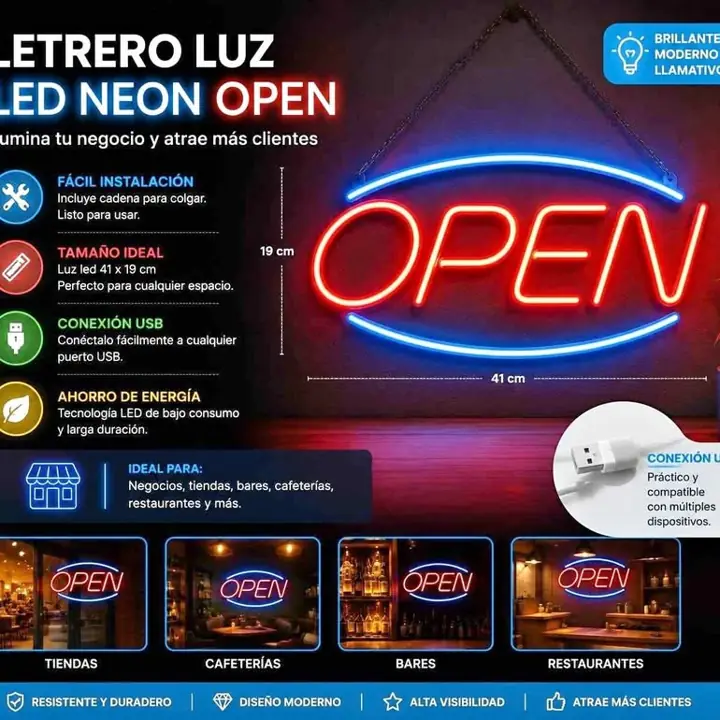 Letrero luz neon open