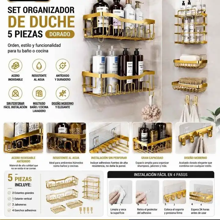 Set organizador de ducha 5 piezas dorado