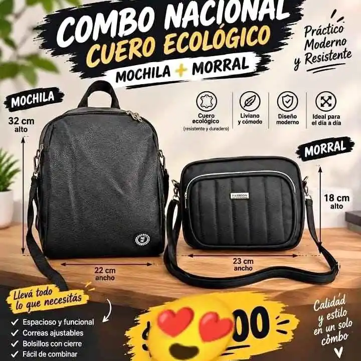 Combo nacional cuero ecológico, mochila + morral dia de la madre